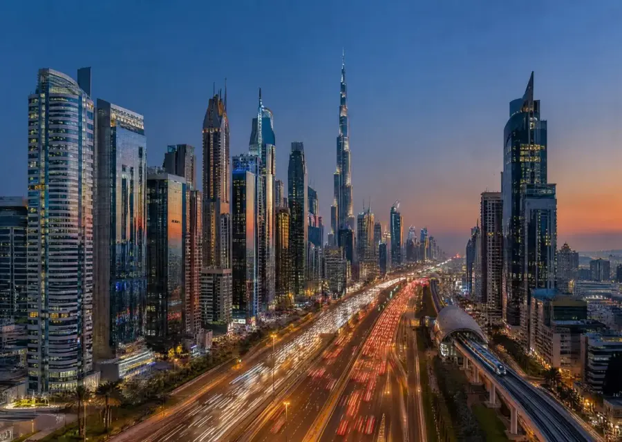 קו הרקיע של דובאי לאורך Sheikh Zayed Road עם ה-Burj Khalifa ברקע, למה להשקיע בנדל״ן בדובאי