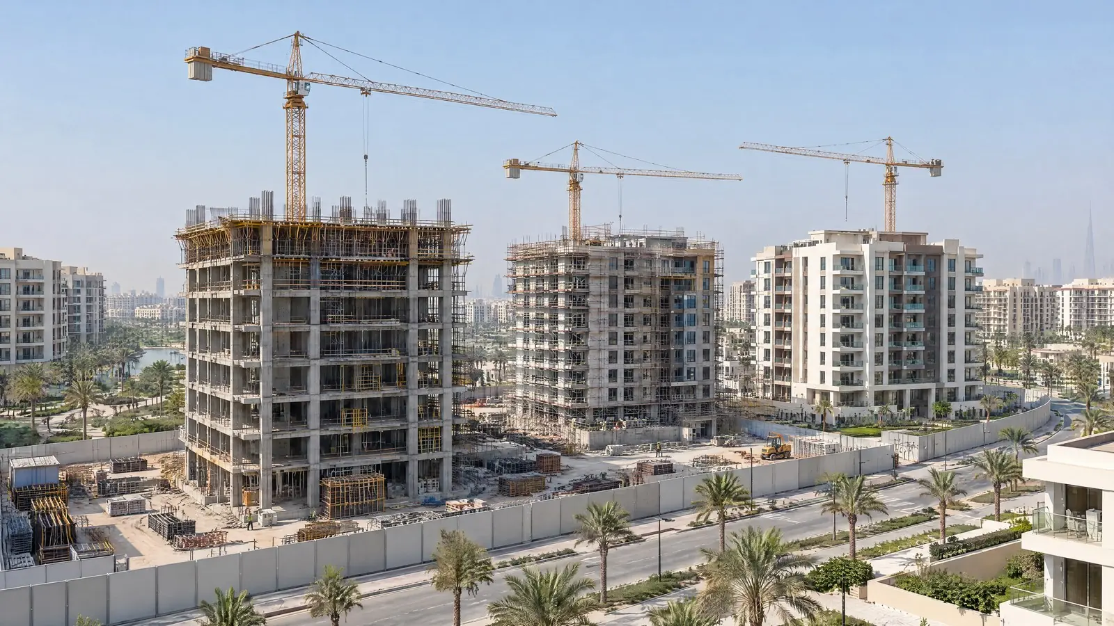 אתר בנייה של פרויקט נדל״ן על הנייר בדובאי אתר בנייה של פרויקט נדל״ן על הנייר בדובאי, בנייני מגורים בשלבי בנייה ועגורני צריח