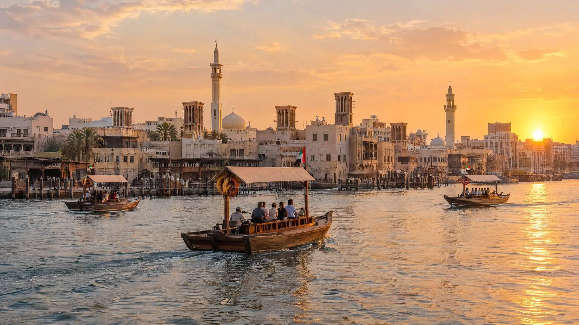 סירות אברה חוצות את Dubai Creek בשקיעה, המרת דירהם לשקל לרכישת דירה בדובאי