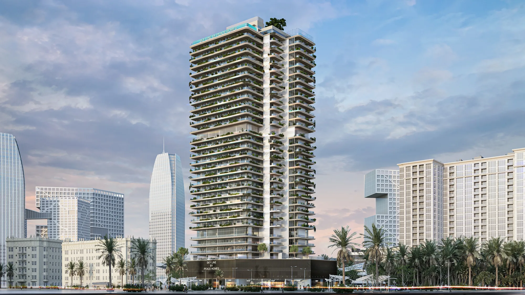 הדמיית החזית של מגדל Sky Line בשעת דמדומים