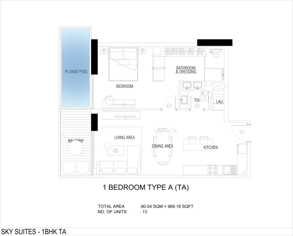 תוכנית יחידה דירת 2 חדרים טיפוס A, פרויקט SKY SUITES בדובאי
