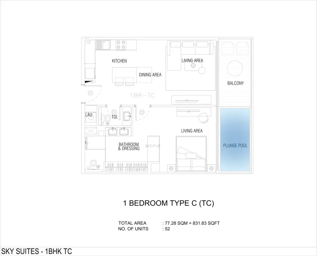 תוכנית יחידה דירת 2 חדרים טיפוס C, פרויקט SKY SUITES בדובאי