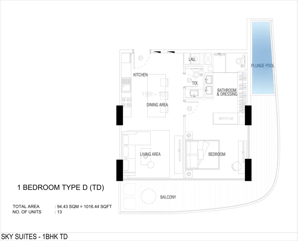 תוכנית יחידה דירת 2 חדרים טיפוס D, פרויקט SKY SUITES בדובאי