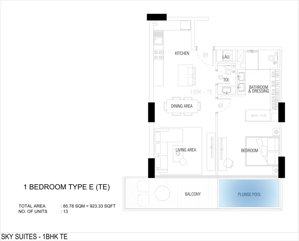 תוכנית יחידה דירת 2 חדרים טיפוס E, פרויקט SKY SUITES בדובאי