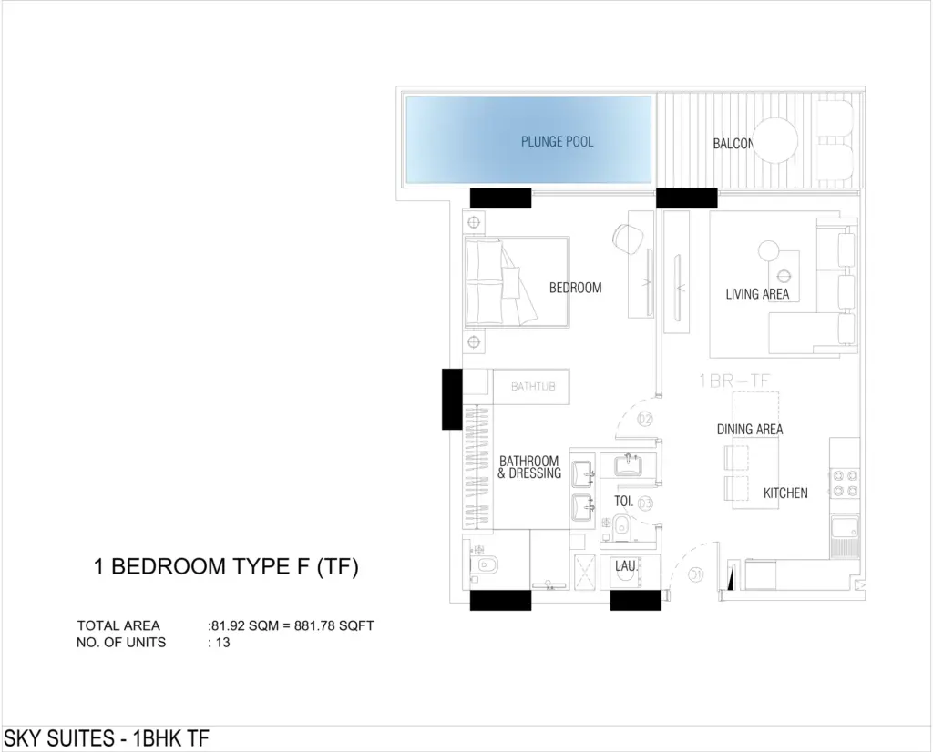 תוכנית יחידה דירת 2 חדרים טיפוס F, פרויקט SKY SUITES בדובאי