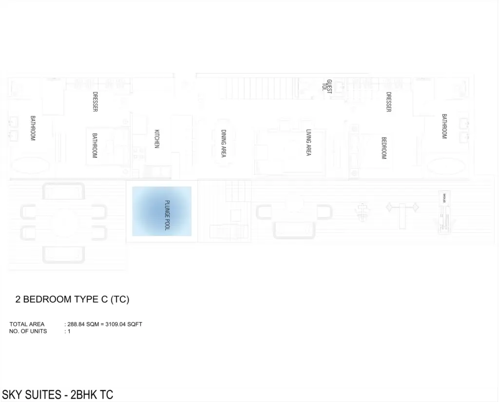 תוכנית יחידה דירת 3 חדרים טיפוס C, פרויקט SKY SUITES בדובאי